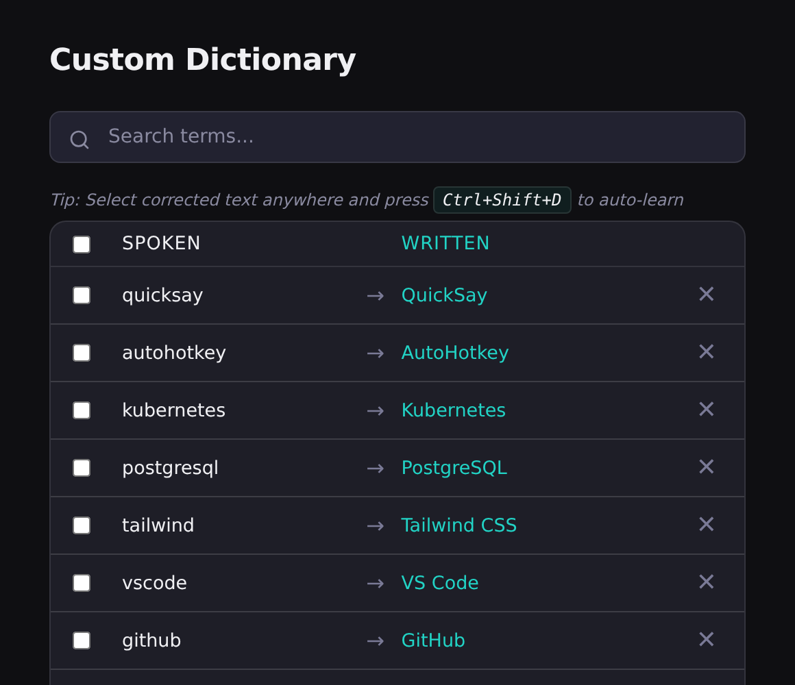 QuickSay custom dictionary panel showing user-defined terms, technical jargon, acronyms, and pronunciation mappings for accurate transcription