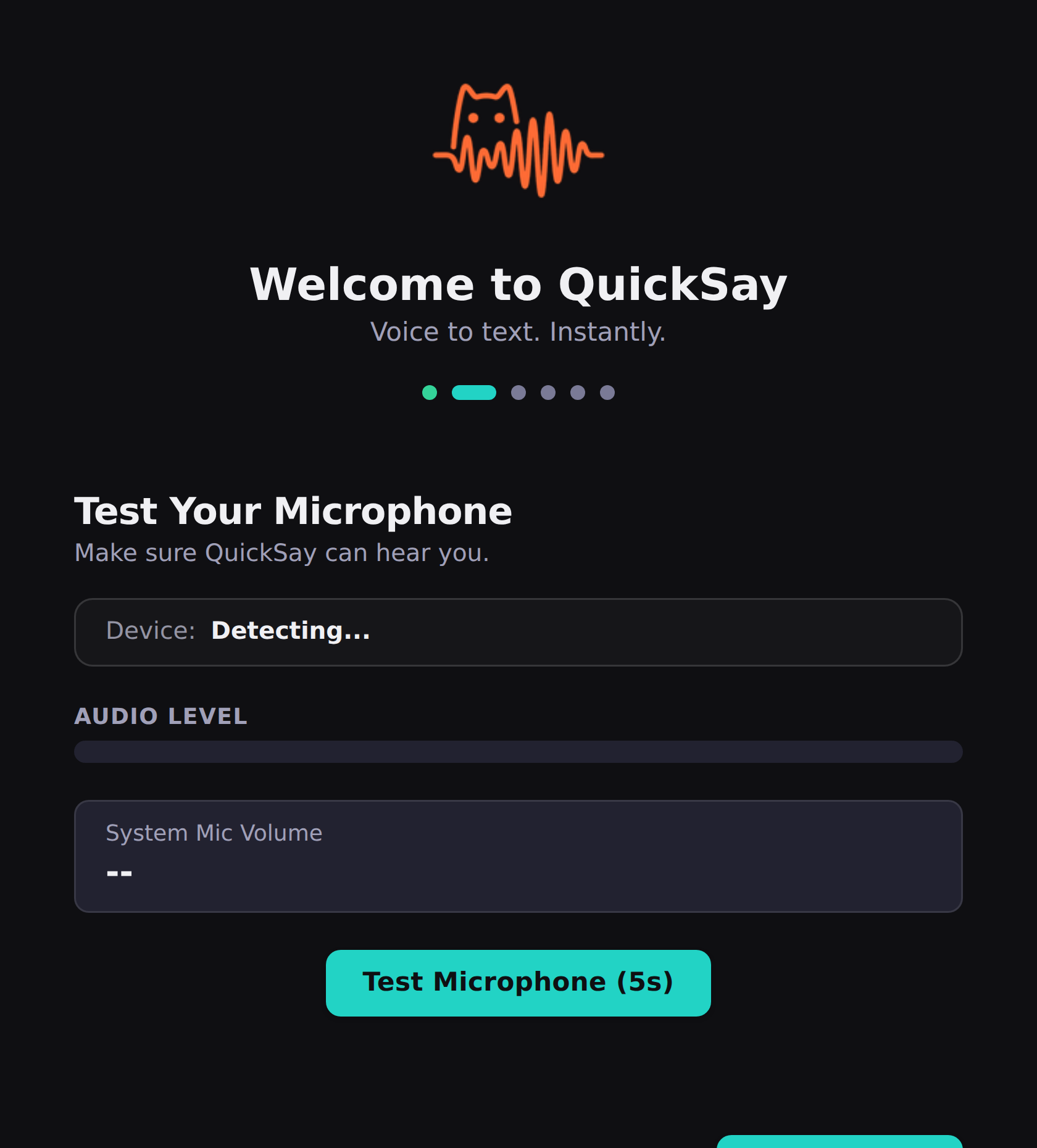 QuickSay AI settings panel for connecting your account and configuring transcription preferences